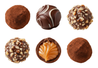 Assortment of chocolate truffles and pralines with various fillings toppings