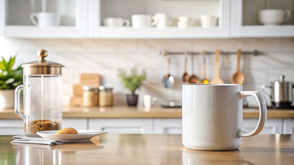 Obraz premium Blank Mug Mockup in a Bright and Cozy Kitchen Setting