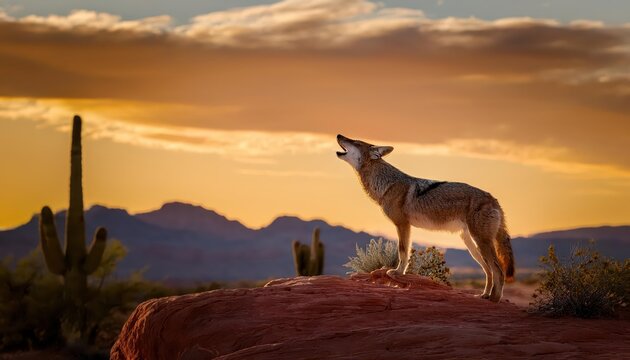 Striking Coyote Howling Underneath a Starlit Arizona Desert Sky, Capturing the Wild Beauty of Nocturnal Life in the American Southwest.