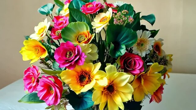 Vibrant floral arrangement with roses and daisies displayed in blooming rotation