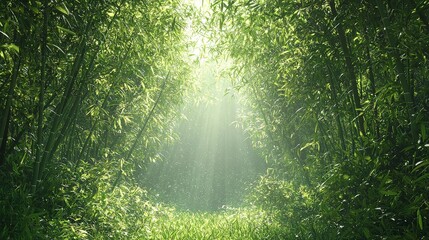 Obraz premium A serene bamboo forest bathed in sunlight, showcasing vibrant greenery and a peaceful atmosphere, ideal for nature lovers and environmental themes.