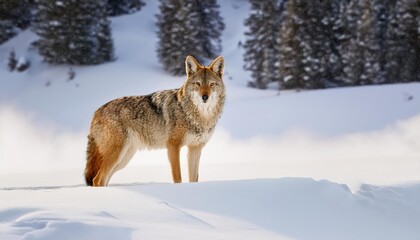 Fototapeta premium Striking Coyote Frolics in Winters Majesty amidst SnowCovered Yellowstone National Park at Dawn