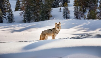 Obraz premium Majestic Coyote Frolics in Snowy Yellowstone Landscape, Basking under the Frosty Winter Sunset