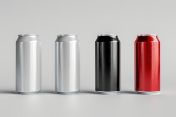 High-quality 3D render of aluminum slim cans in silver, white, black, and red, arranged on an isolated white background, perfect for beer can mockup templates