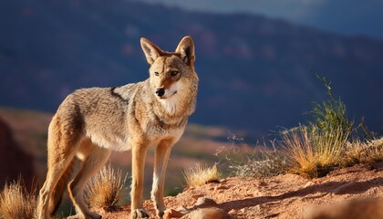 Obraz premium Vigilant Coyote amidst the Winter Wilderness Frostcovered Landscape, Glistening with Sunlight and Silent Mystery in a Snowy Mountain Scene