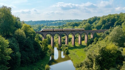A stunning view of a train crossing an elegant viaduct surrounded by lush greenery and a serene river, showcasing the beauty of nature and rail travel.