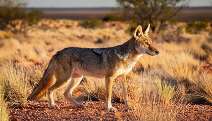 Naklejka premium Majestic Lone Coyote Roaming the SunKissed Prairies of West Texas, as Golden Light Irradiates the Desert Landscape in a Stark Contrast against the Brisk Winter Morning.