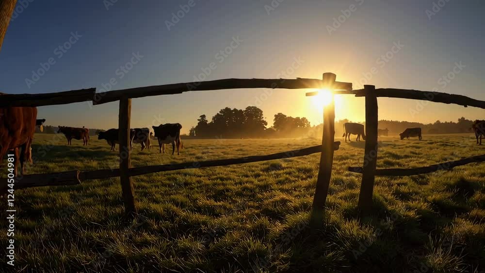 Poster golden sunrise illuminates a misty field where cows graze peacefully behind a rustic wooden fence, c