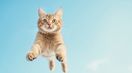 Obraz premium A playful cat leaps joyfully against a bright blue sky. Its expression is full of excitement, showcasing the energy and spirit of feline playfulness.