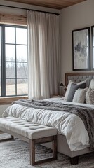 Serene contemporary bedroom with tufted headboard and gray accents