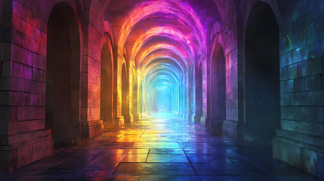 Luminous spectrum gate in arches conjures ethereal parallel universe realm. Parallel Universe & Alternate History. Illustration