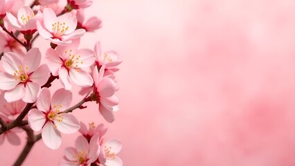 Fototapeta premium pink cherry blossom branch in spring on light pink background with copy space for text