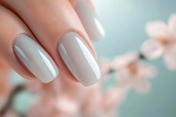 Female hands with long neutral pastel colors nails. Woman hands with trendy polish manicure on...