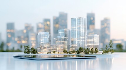 Obraz premium A stunning architectural model showcasing modern skyscrapers, surrounded by greenery, reflecting urban development and future city planning.