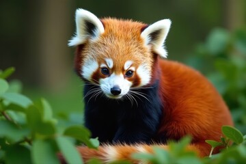 Obraz premium Red panda nestled amongst leaves, looking down, tree, wild
