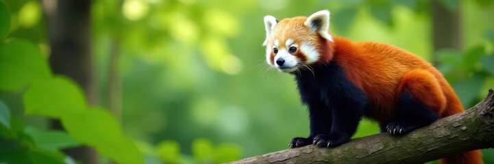 Obraz premium Red panda perched on a branch, lush green forest, tree, red