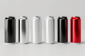 High-quality 3D render of aluminum slim cans in silver, white, black, and red, arranged on an isolated white background, perfect for beer can mockup templates