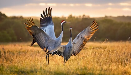 Majestic Dance of Two Cranes in a Lush Meadow at Dawn, Capturing the Grace and Serenity of Natures Harmony.