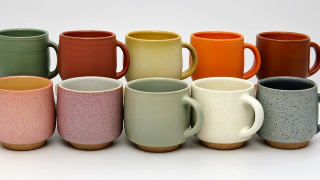 Colorful ceramic mugs arranged in a neat row showcasing different shapes and textures in a creative display