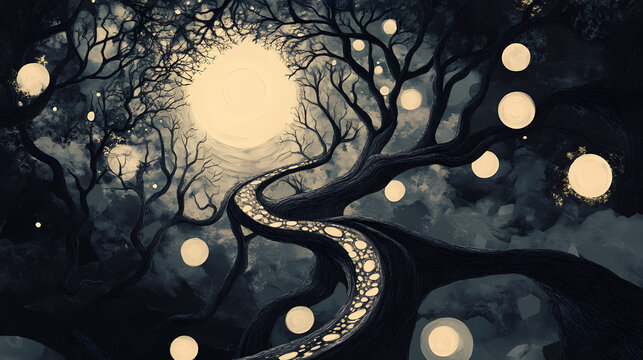 Spiral branches of time and parallel universes illuminating the darkness. Parallel Universe & Alternate History. Illustration