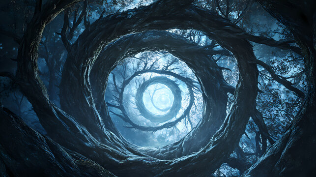 Spiral branches of time and parallel universes illuminating the darkness. Parallel Universe & Alternate History. Illustration