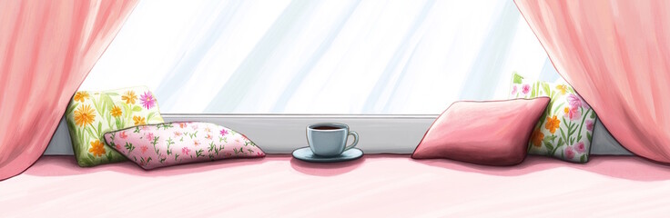 Cozy spring corner with floral cushions and coffee cup by a window