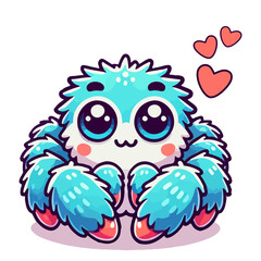 Cute cartoon illustration of a blue jumping Spider with big sparkling eyes and a cute blushing expression isolated on white background. Kawaii vector design for stickers, prints and Valentines concept