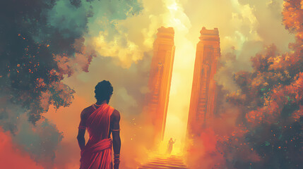 Vishnu standing in front of a cosmic portal, opening the path to different realms, vishnu and cosmic portal, spiritual realms, fantasy. Parallel Universe & Alternate History. Illustration