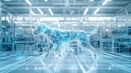 A futuristic digital representation of a dog walking through a high-tech environment, showcasing innovation and technology in animal design.