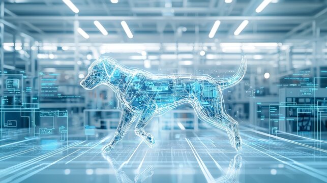 A futuristic digital representation of a dog walking through a high-tech environment, showcasing innovation and technology in animal design.