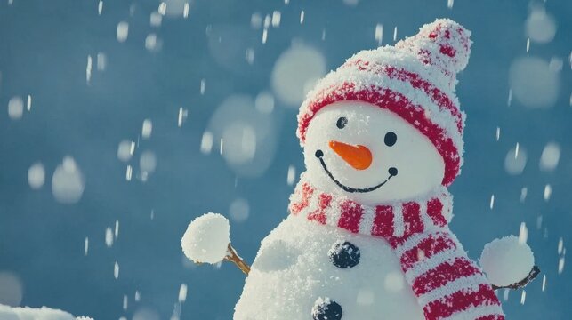 Smiling snowman with red hat and scarf enjoys snowy day with falling snowflakes - Powered by Adobe