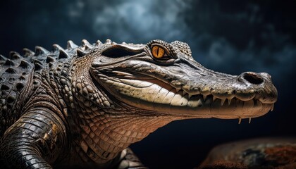 Obraz premium Majestic Crocodile Basking in Sunlight Amidst lush Tropical Greenery, Witnessing a Moment of Stillness and Serenity in the Wilderness