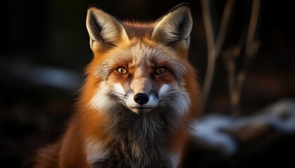 Obraz premium Striking Cross Fox Encounter in Winter Forest A Majestic Moment Frozen in Time, Showcasing the Mysterious Beauty of a Snowy Landscape.