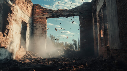 崩れゆくレンガ建築の窓越しに見る空&mdash;過去と未来の交差点