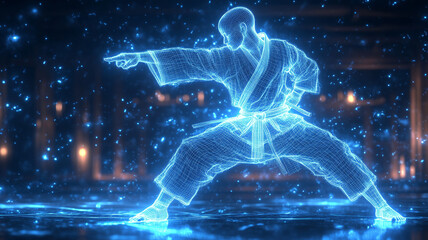 Fototapeta premium Karateka in digital wireframe glows while performing a powerful stance