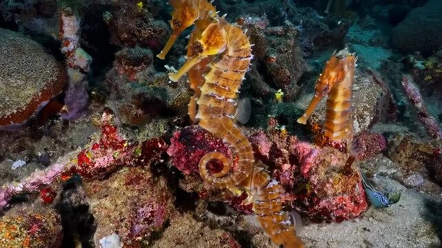 Seahorses swimming gracefully in coral reef