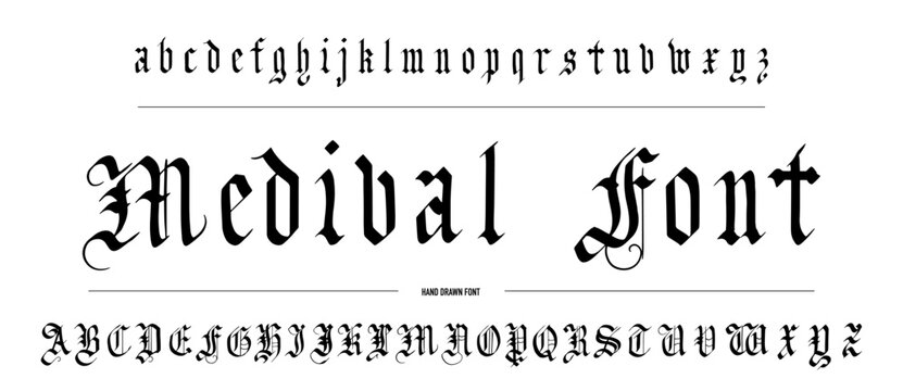 Gothic alphabet. Medieval handwritten typeface in old style made with calligraphy pen. Traditional font for authentic projects engraved on paper