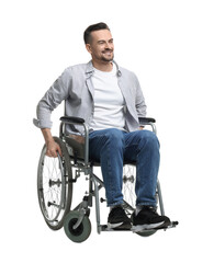 Smiling man in wheelchair on white background