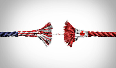 Canada US crisis concept as a Broken Rope stretched with force and stressed to a decoupling metaphor for pressure on the economic and political relationship between Ottawa and Washington. © freshidea