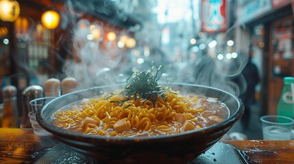 A dark bowl full of delicious hot and sour soup topped with green herbs placed on a dark table in blur background