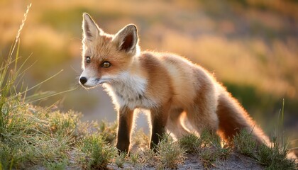 Obraz premium Inquisitive Baby Fox Kit Frolicking in a Winter Wonderland, Showcasing Playful Energy and Soft Fur Textures in a Snowy Forest Setting