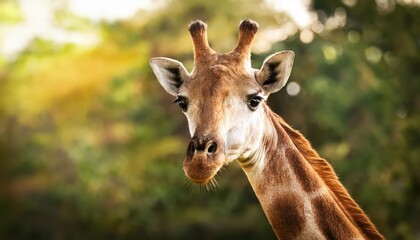 Naklejka premium Enigmatic Gaze of a Majestic Giraffe in African Wildlife Sanctuary, Captured against the Backdrop of Vibrant Savannah Sunset
