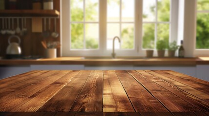 Wooden table in country kitchen with blurred background. Wood rustic counter for product display, showcasing bright and clean interior design, ideal for cooking and home lifestyle