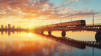 Fototapeta premium A scenic view of a train crossing a bridge during sunset, reflecting on the calm waters below. The skyline adds charm to this beautiful urban landscape.