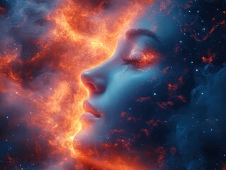 Obraz premium Ethereal portrait blending human features with cosmic elements and flames.