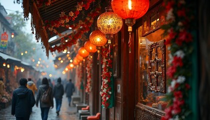 Enchanting Chinese Street Scene with Warm Lanterns and Festive Decor