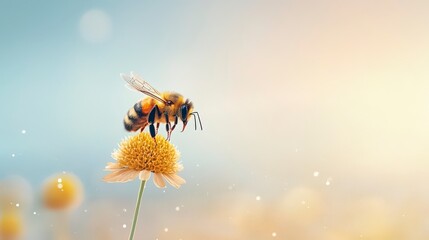 Naklejka premium A close-up image of a bee perched on a delicate flower under soft light. The scene captures the beauty of nature and the vital role of pollinators.