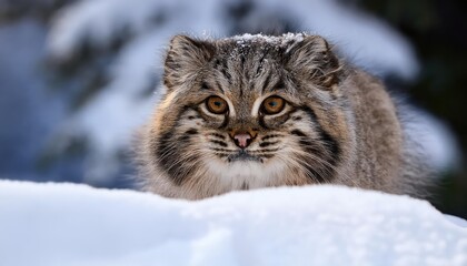 Enchanted Pallass Cat Discovering a Tranquil Winter Scene Amidst Snowy Peaks and Serene Landscape A Captivating Photograph showcasing Wanderlust and Frosty Charm