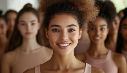 Obraz premium A group of women stands together, each with a soft smile that reflects empathy and the strength of their friendship.