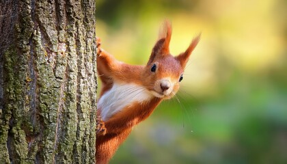 Inquisitive Red Squirrel Hiding Behind a Barky Barricade in the Enchanting Forest, Showcasing...